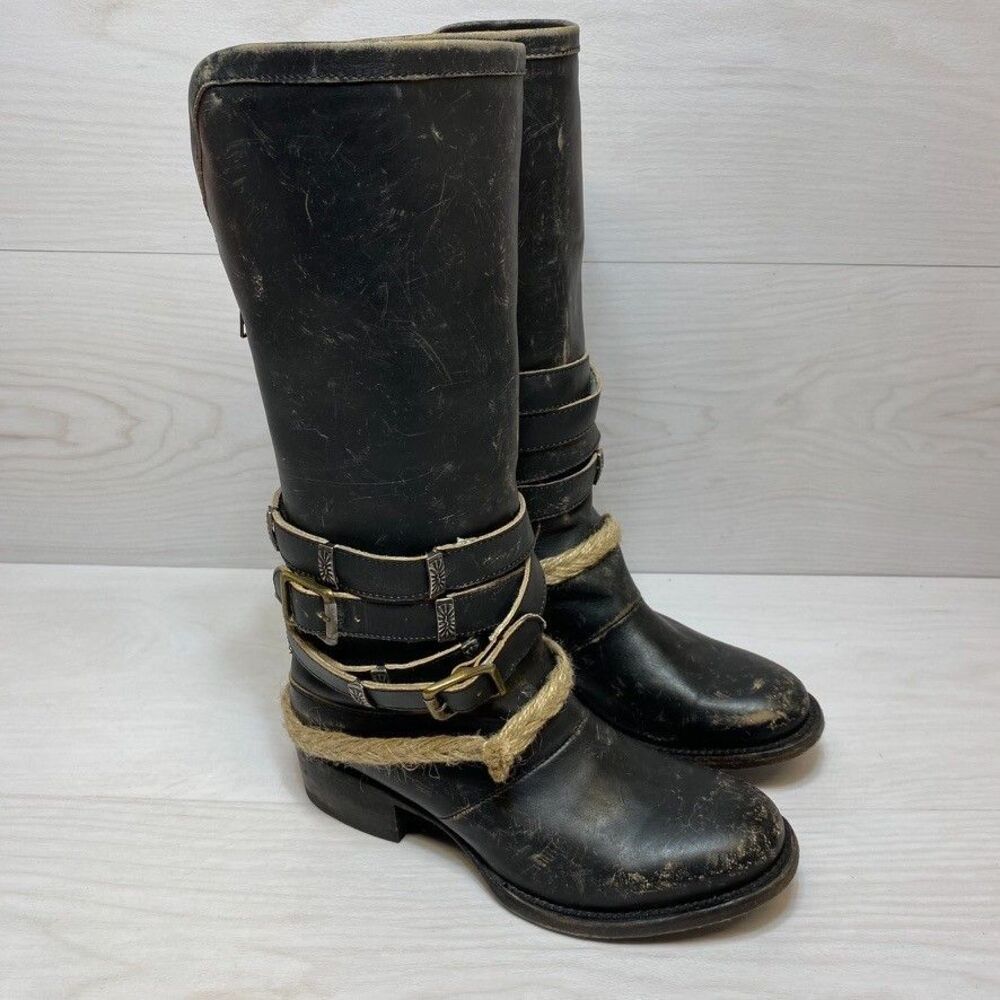 Freebird Drove Buckle Zip Back Black Distressed Leather Boots Knee High Sz 6 EUC